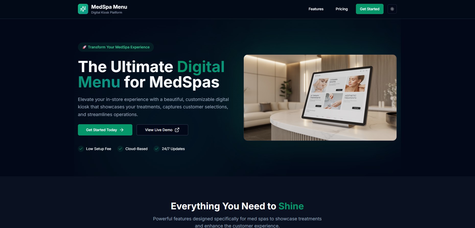 Med Spa Menu digital kiosk platform website built by 48HR Web Design
